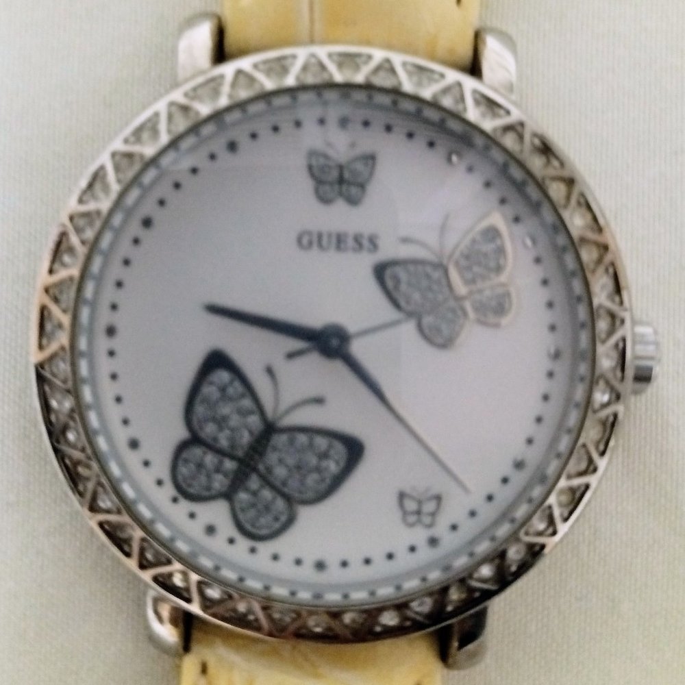 Guess Butterfly Watch with Embossed Pastel Yellow Leather Band
